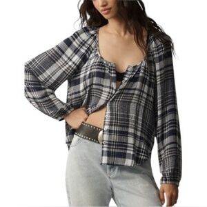 Anthropologie Pilcro Scoop-Neck Plaid Viscose Blend Button up Shirt NWT XL Blue